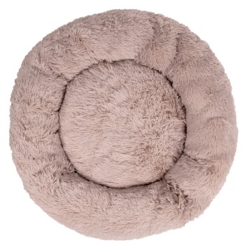 Runder, plüschiger Haustierbett in einer sanften beige Farbe, mit einem flauschigen äußeren Rand und einem gemütlichen Zentrum für Haustiere zum bequemen Ausruhen.