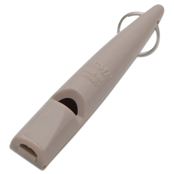 Beige ACME-Hundepfeife, hergestellt in England, mit befestigtem Metallring, zum Training von Haustieren.
