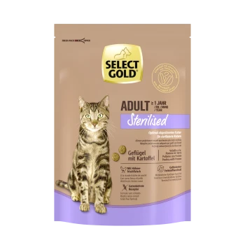 Emballage de nourriture pour chat avec un chat tigré, étiqueté "SELECT GOLD ADULT Stérilisé," avec des détails sur les ingrédients de poulet et de pomme de terre.