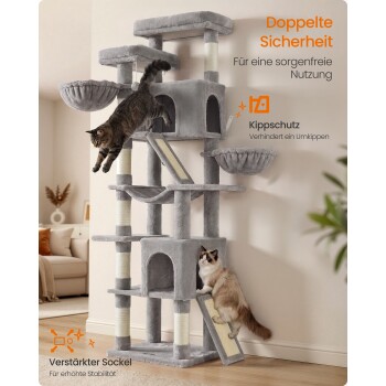 Hoher grauer Kratzbaum mit zwei Katzen (eine springt, eine sitzt); deutscher Text: "Doppelte Sicherheit"; "Kippschutz"; "Verstärkter Sockel".