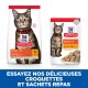 Emballage de nourriture pour chat Hill's Science Plan avec un chat tigré. Met en avant "Adult 1-6" et "Soutient l'immunité." Le texte français promeut les croquettes et les sachets.