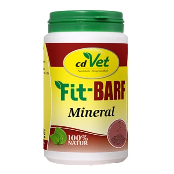Behälter mit cdVet Fit-BARF Mineral, beschriftet mit "100% NATUR", mit einem grünen Deckel und einem bunten Design, das natürliche Zutaten betont.