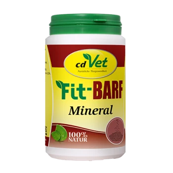 Behälter mit cdVet Fit-BARF Mineral, beschriftet mit "100% NATUR", mit einem grünen Deckel und einem bunten Design, das natürliche Zutaten betont.
