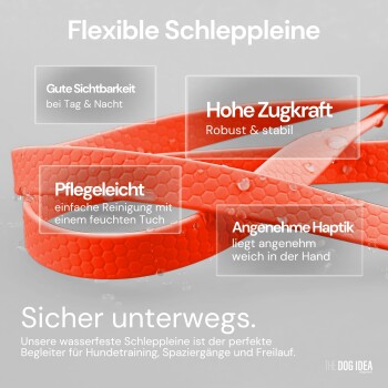 Helle orangefarbene flexible Hundeleine, wasserabweisend, bietet Sichtbarkeit, hohe Zugfestigkeit, einfache Reinigung und einen bequemen Griff.