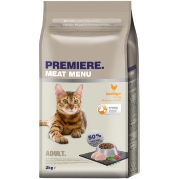 Hundefutterbeutel mit der Aufschrift "Premiere Meat Menu", der eine getigerte Katze zeigt, mit 50% Geflügelanteil und einem Gewicht von 2 kg.