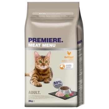 Sac de nourriture pour chat étiqueté "Premiere Meat Menu" avec un chat tigré, contenant 50 % de volaille et un poids de 2 kg.