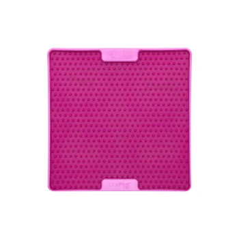 Lila Silikon-LickiMat mit strukturierter Oberfläche, entworfen für Haustiere, um Futter abzulecken, mit dem Markennamen "LickiMat" am Boden.