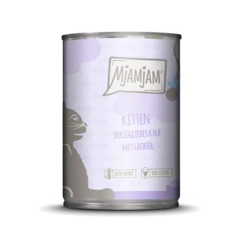 Eine Dose Mjamjam Kittenfutter mit einem lila Design, mit dem Text "KITTEN VORZÜGLICHES KALB MIT LACHSÖL" und Illustrationen einer Katze.