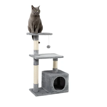 Kratzbaum Höhe 85 cm hellgrau Eine graue Katze sitzt auf einem mehrstöckigen Katzenbaum mit zwei Plattformen, einem Kratzbaum und einem gemütlichen Versteck unten.