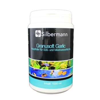 Behälter mit Silbermann Granusoft Knoblauchfischfutter, geeignet für Süßwasser- und Salzwasserfische, 1000 ml.
