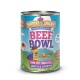 Dose mit Happy Jacky "Beef Bowl" Hundefutter mit einem Cartoon-Hund in einem Umhang, der Zutaten auflistet: Rindfleisch, Kartoffeln, Karotten, Leinsamen.
