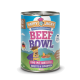 Dose mit Happy Jacky "Beef Bowl" Hundefutter mit einem Cartoon-Hund in einem Umhang, der Zutaten auflistet: Rindfleisch, Kartoffeln, Karotten, Leinsamen.