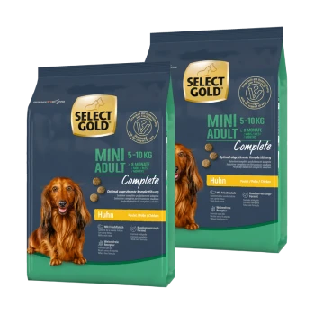 Select Gold Mini Adult Hundefutterverpackung, 5-10 kg, mit einem braunen Hund und Text, der "Vollständig" und "Huhn" hervorhebt.