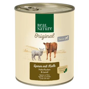Dosenfutter für Haustiere mit der Aufschrift "Real Nature Original", das "Lamm mit Kalb" zeigt, mit Illustrationen eines Lammes und eines Kalbes.