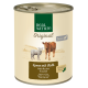 Dosenfutter für Haustiere mit der Aufschrift "Real Nature Original", das "Lamm mit Kalb" zeigt, mit Illustrationen eines Lammes und eines Kalbes.