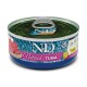 Dose N&D Natural Thunfisch für Katzen, mit blauem Hintergrund, pinkem Etikett und Bildern von Thunfischfilets. Nettogewicht 2,5 oz.