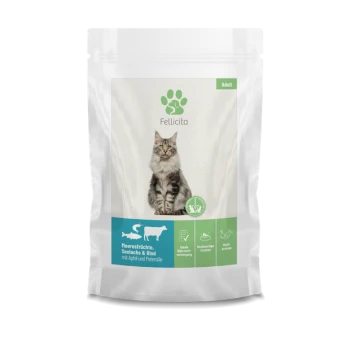 Verpackung für Katzenfutter mit einer flauschigen Katze auf der Vorderseite, beschriftet mit "Fellicita Adult" und Zutaten: Meeresfrüchte, Robbe und Rindfleisch mit Apfel und Petersilie.