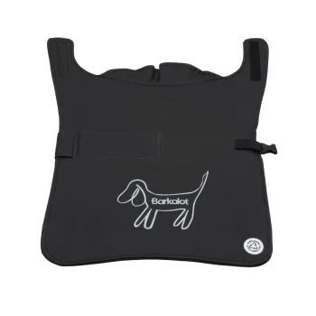 Schwarze Haustierpflege-Schürze mit einer weißen Umrisszeichnung eines Hundes und dem Text "Barkalot", mit verstellbaren Trägern und einer Tasche.