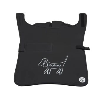 Schwarze Haustierpflege-Schürze mit einer weißen Umrisszeichnung eines Hundes und dem Text "Barkalot", mit verstellbaren Trägern und einer Tasche.