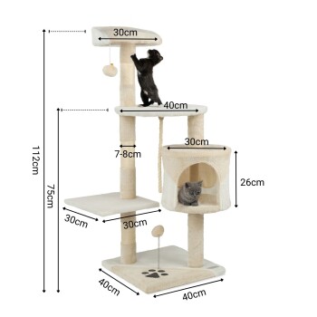 Katzenbaum mit zwei Ebenen, einem gemütlichen Versteck und einem baumelnden Spielzeug; Abmessungen beschriftet: 112cm Höhe, 40cm Breite, 30cm Tiefe.