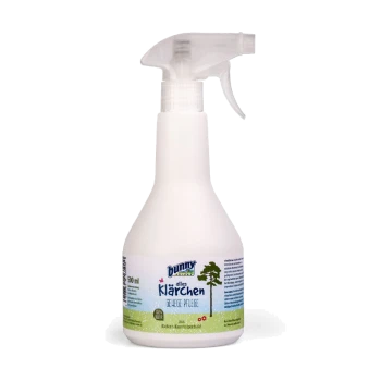 Bouteille de spray blanche étiquetée "bunny alles Klärchen" avec un design vert et bleu, contenant 500 ml de solution de soin pour animaux.