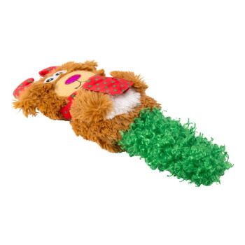 Plush brown reindeer dog toy with red polka-dot scarf and green textured tail on white background.