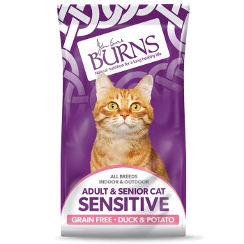 Cat food bag with an orange tabby on a purple background. Text: "Burns Natural Nutrition," "Adult & Senior Sensitive," "Grain Free," "Duck & Potato."