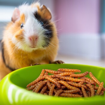 Nahaufnahme eines dreifarbigen Meerschweinchens neben einer grünen Schüssel, gefüllt mit getrockneten Mehlwürmern.