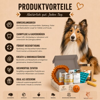 Wildfang Lederknochen Kauspielzeug für mittelgroße Hunde 15-25 kg mit Verpackung und knochenförmigem Kauspielzeug.