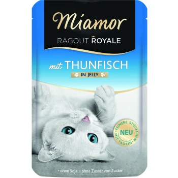 Miamor Ragout Royale Katzenfutterbeutel mit einer verspielten weißen Katze mit blauen Augen, gekennzeichnet mit 'mit Thunfisch in Jelly' und markiert mit 'NEU.'