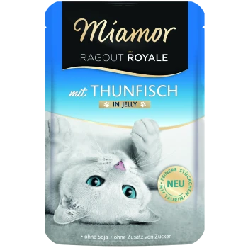 Miamor Ragout Royale Katzenfutterbeutel mit einer verspielten weißen Katze mit blauen Augen, gekennzeichnet mit 'mit Thunfisch in Jelly' und markiert mit 'NEU.'