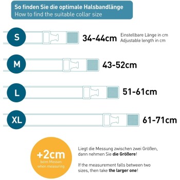 Halsbandgrößentabelle mit verstellbaren Längen für die Größen S (34-44 cm), M (43-52 cm), L (51-61 cm) und XL (61-71 cm) mit Messhinweisen.