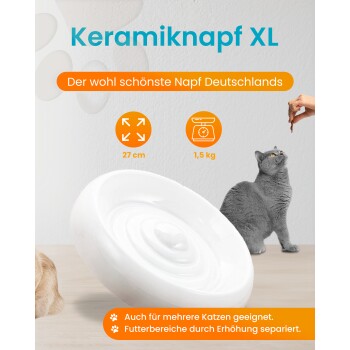 Keramiknapf XL: große weiße Keramik-Katzenschüssel auf dem Tisch, graue Katze greift nach einem Leckerli; Beschriftungen 'Keramiknapf XL', '27 cm', '1,5 kg'.