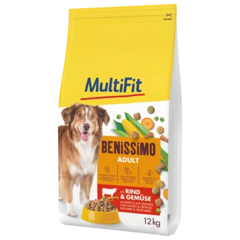 Sac de nourriture pour chien de la marque MultiFit, étiqueté 'BENISSIMO ADULT' avec du bœuf et des légumes, taille 12 kg, et morceaux de croquettes colorés.