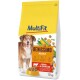 Sac de nourriture pour chien de la marque MultiFit, étiqueté 'BENISSIMO ADULT' avec du bœuf et des légumes, taille 12 kg, et morceaux de croquettes colorés.
