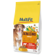Sac de nourriture pour chien de la marque MultiFit, étiqueté 'BENISSIMO ADULT' avec du bœuf et des légumes, taille 12 kg, et morceaux de croquettes colorés.
