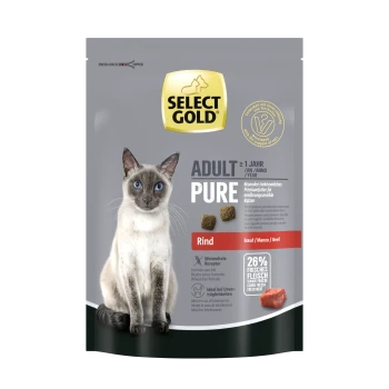 Emballage de nourriture pour chats Select Gold Adult Pure avec un chat siamois, mettant en avant "Rind" (bœuf) et "26% frisches Fleisch" (26% de viande fraîche).