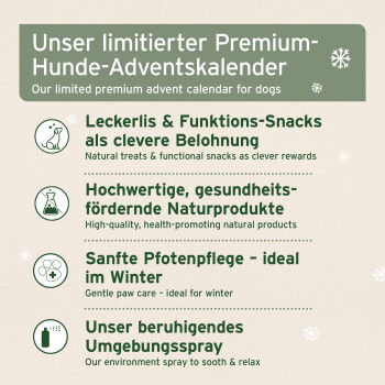 Adventskalender für Haustiere mit bunten Kästchen mit festlichen Designs, beschriftet mit den Zahlen 1 bis 24, und einer Leckerlischachtel mit der Aufschrift 'Frohe Weihnachten.'