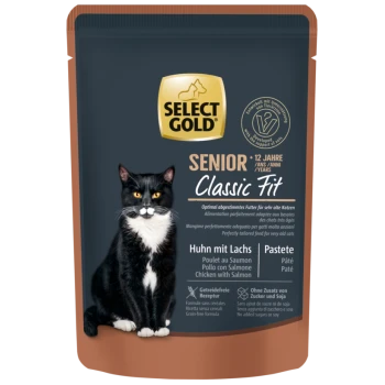 Select Gold Senior Classic Fit Katzenfutterbeutel für Katzen ab 12 Jahren, Huhn mit Lachs-Pastete, getreidefrei, ohne Zuckerzusatz oder Soja.