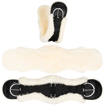 Ein schwarzer und cremefarbener, fleecegefütterter Pferdegurt mit Metall-Schnallen und einer gesteppten Textur, aus mehreren Blickwinkeln dargestellt.