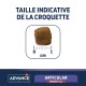 Croquettes pour animaux de compagnie marron affichées avec une règle indiquant leur taille, étiquetées 'Taille indicative de la croquette,' pour chiens âgés.