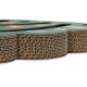 Close-up of layered corrugated cardboard pet scratcher with green top and colorful paw print designs.