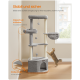 Grauer mehrstufiger Kratzbaum mit Kratzpfosten und hängenden Spielzeugen, eine Katze klettert, und deutscher Text über Stabilität und Sicherheit.