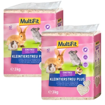 Deux paquets de litière pour petits animaux MultiFit, chacun de 3 kg, avec un lapin, un cochon d'Inde et un chinchilla sur un fond rose.