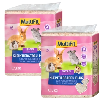 Deux paquets de litière pour petits animaux MultiFit, chacun de 3 kg, avec un lapin, un cochon d'Inde et un chinchilla sur un fond rose.