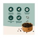 Braune Pellets in einer Futterschüssel mit Symbolen und deutschen Angaben: 'Gesunde Häufchen', 'Hypo-allergen', 'Weizen und glutenfrei'.