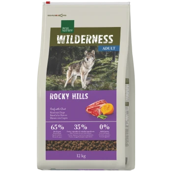 Sac de nourriture pour animaux Real Nature Wilderness Adult 'Rocky Hills' avec image d'un loup ; 65% bœuf et chèvre, 35% fruits et légumes, 0% céréales, 12 kg