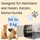 'Geeignet für Kleintiere wie Hasen, Katzen, kleine Hunde' und 'bis zu 8 kg' — Kätzchen und Welpe neben geöffneter Transportbox