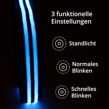 LED-Halsband für Haustiere mit drei funktionalen Einstellungen: Dauerlicht, normales Blinken und schnelles Blinken, vor einem dunklen Hintergrund dargestellt.