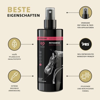 Schwarze Sprühflasche mit der Aufschrift "PETHORSE HEALTH 2006" und einem Pferdebild, das Merkmale wie 100% pflanzliche Inhaltsstoffe und eine beruhigende Formel hervorhebt.